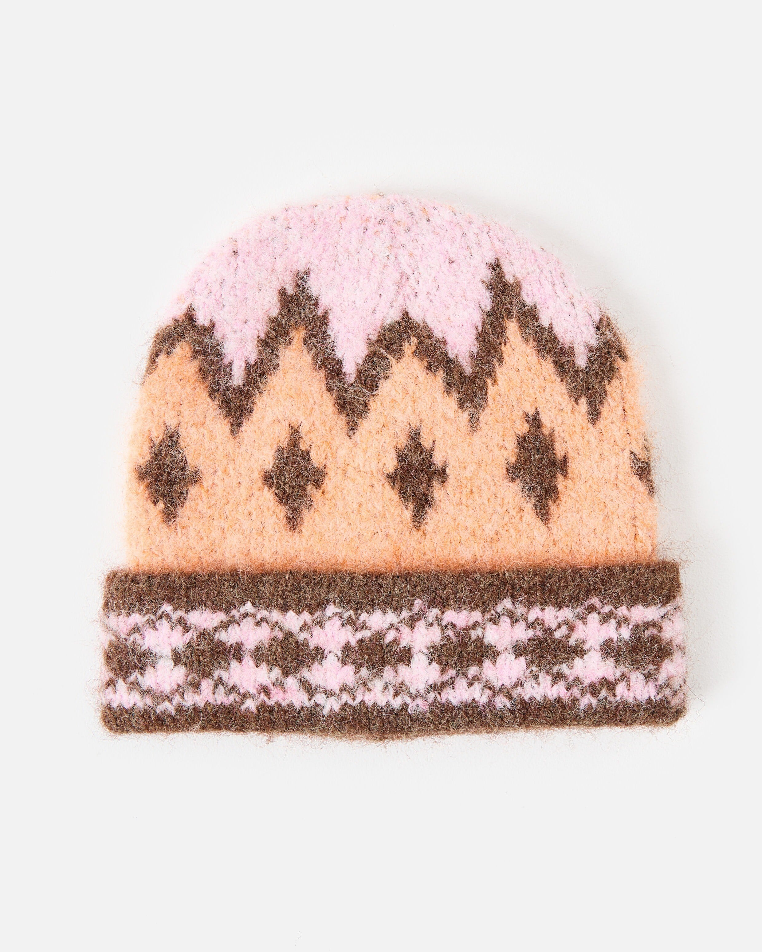 Peach & Brown Fair Isle Knitted Beanie Hat | Oliver Bonas