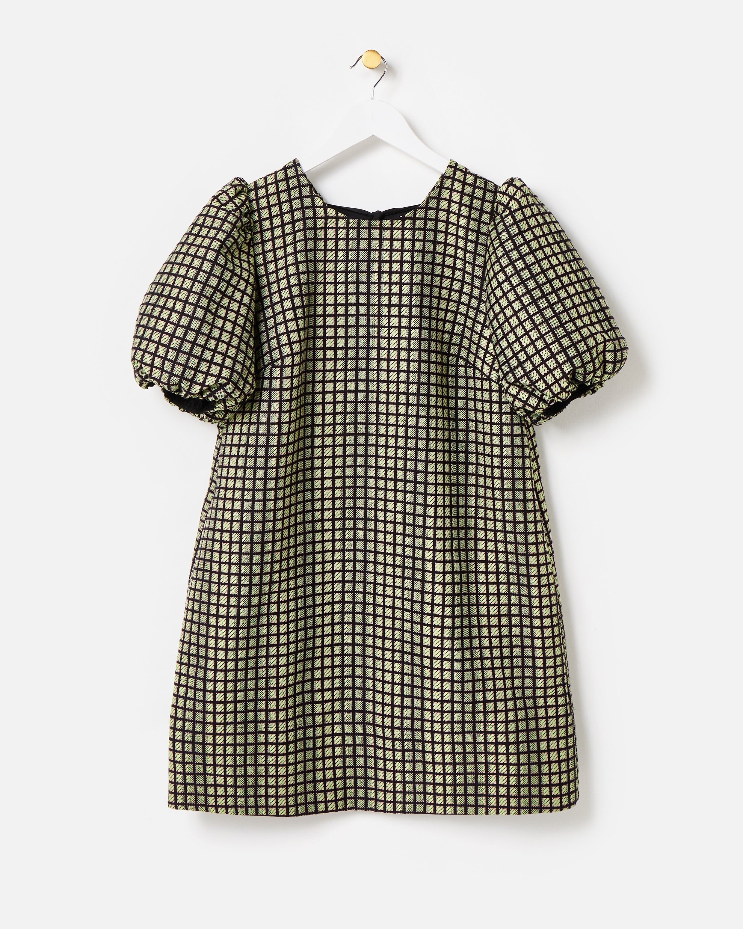 Black & Green Checked Jacquard Puff Sleeve Mini Dress | Oliver Bonas
