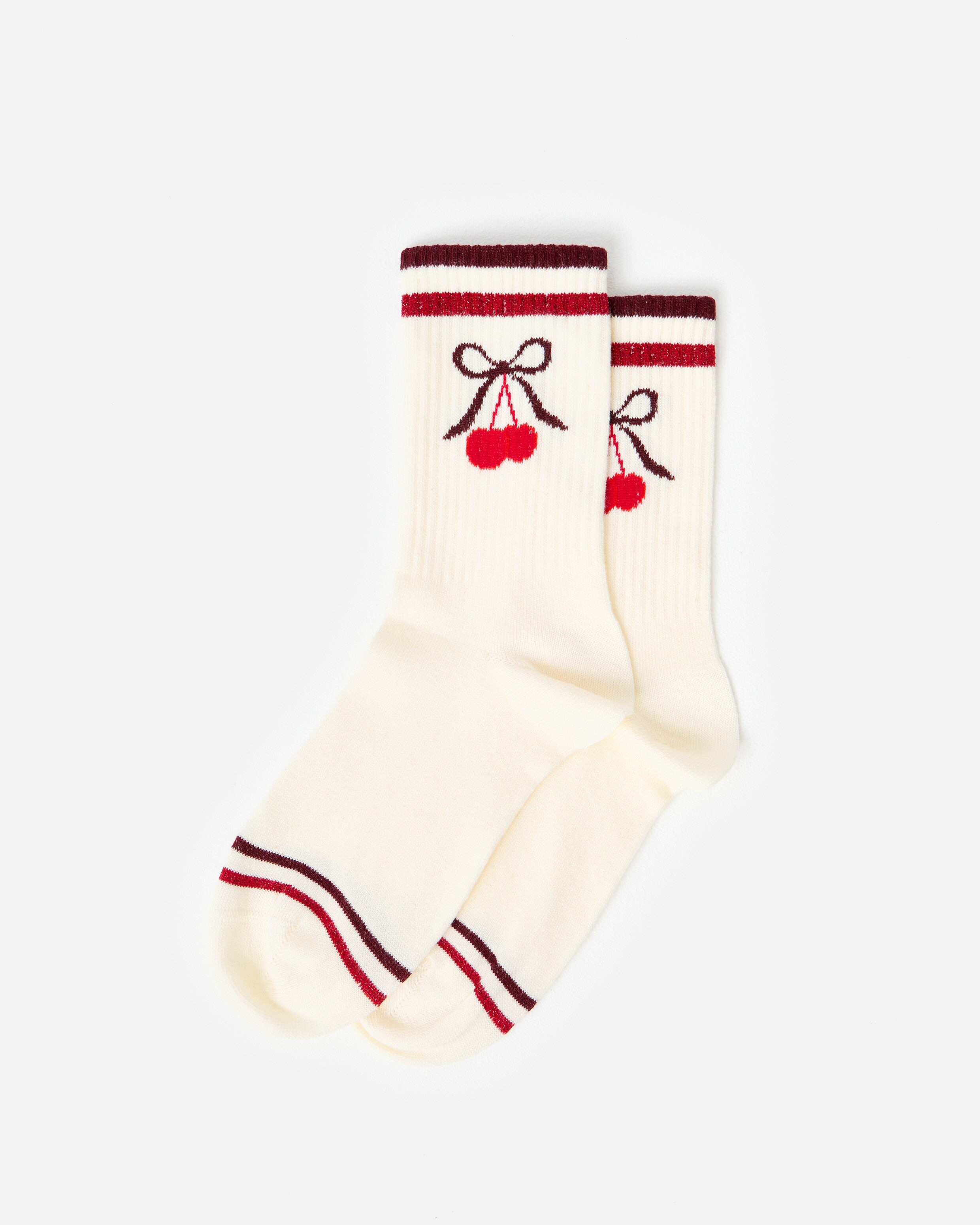 Cream Cherry Ribbed Sporty Ankle Socks