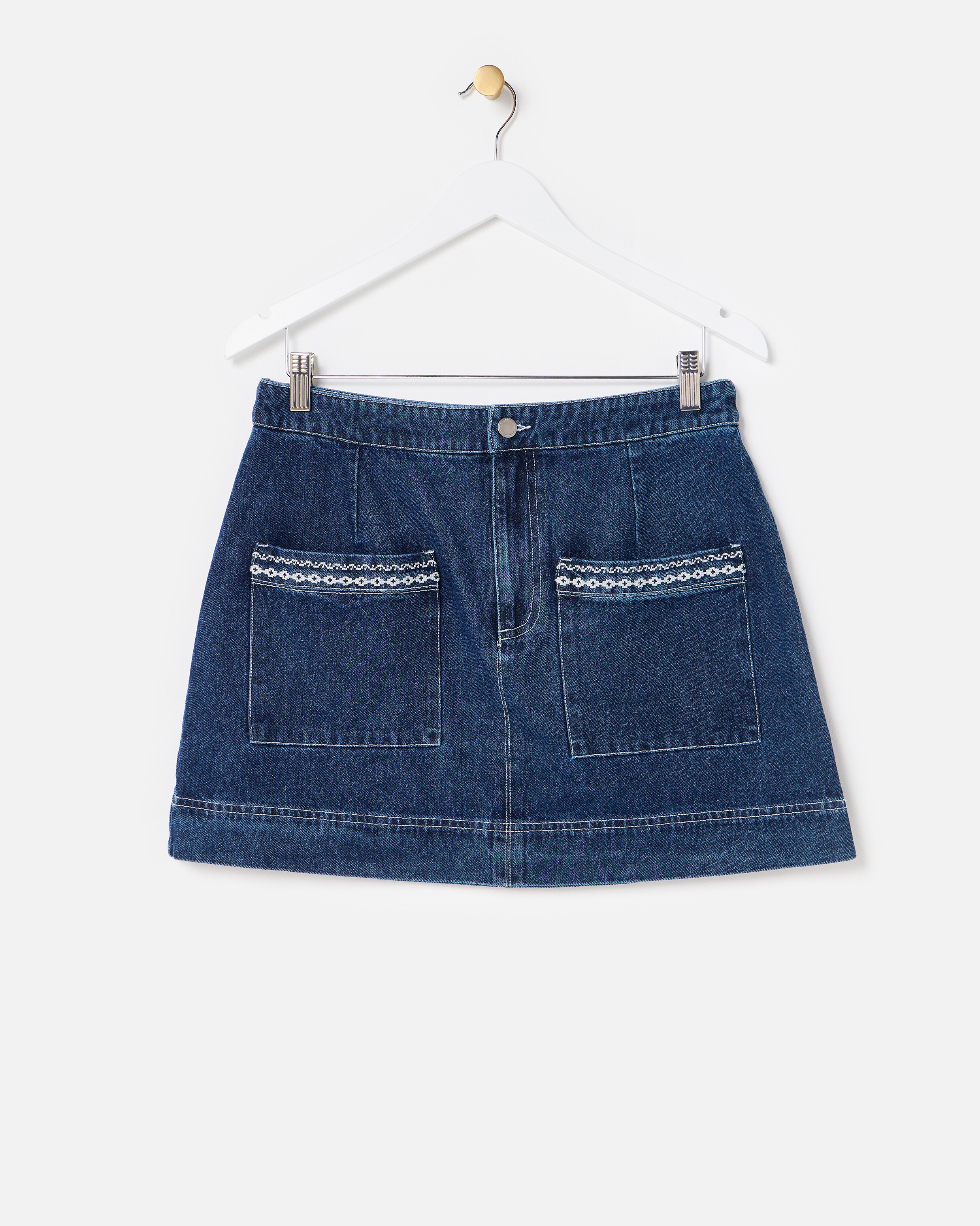 Dark Blue Denim Embroidered Pocket Mini Skirt | Oliver Bonas
