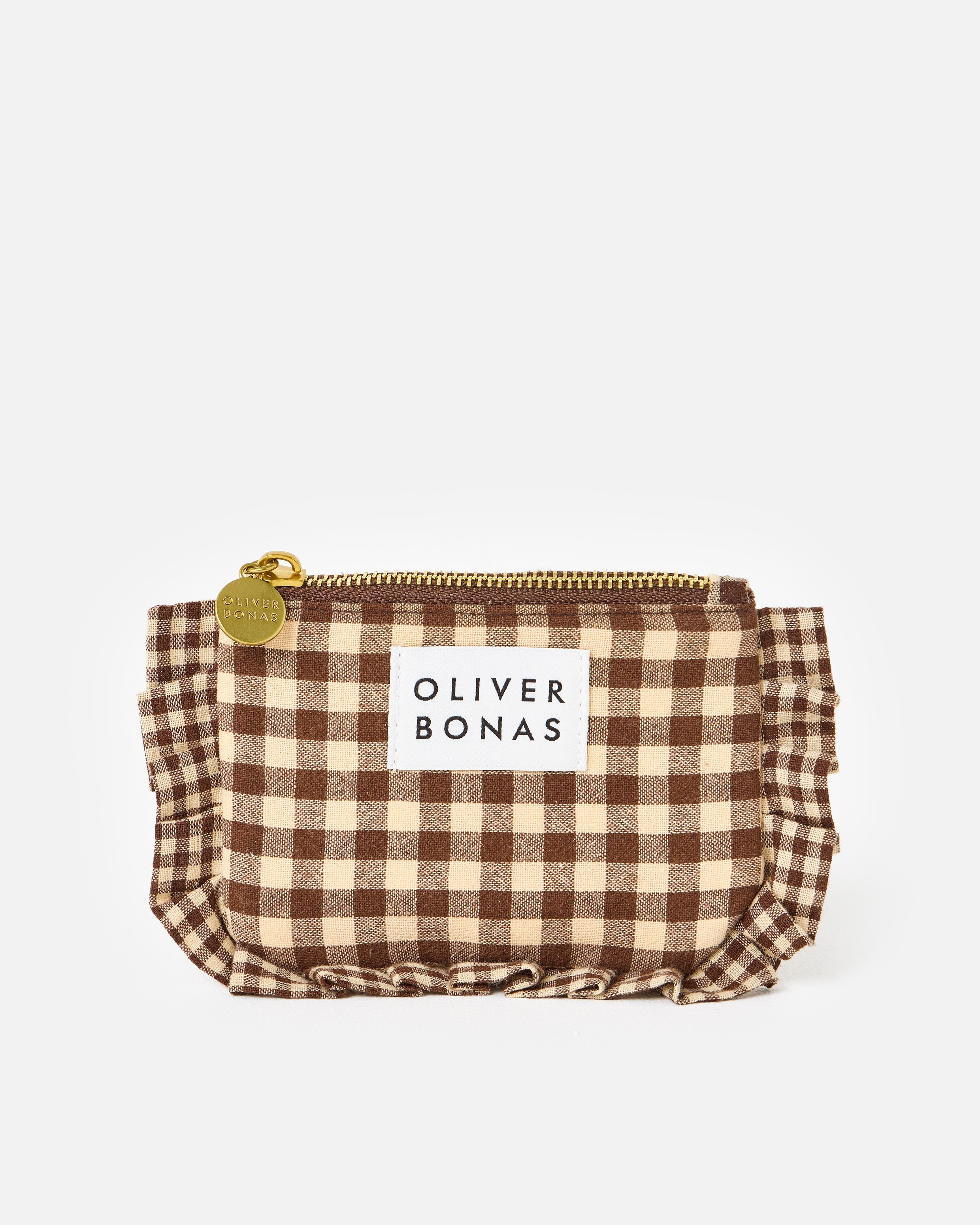 Chocolate Brown Gingham Ruffle Zipped Pouch