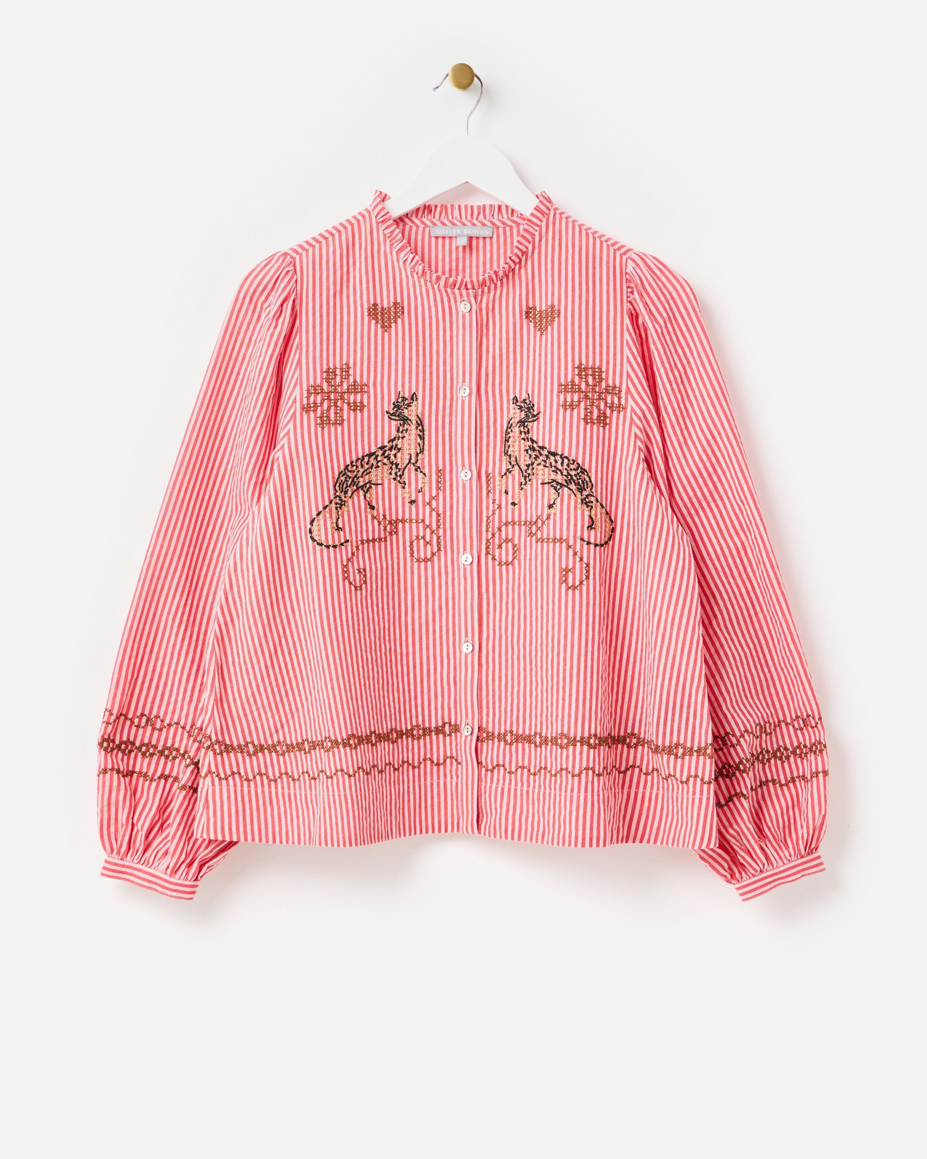 Red & Pink Striped Leopard Embroidered Shirt | Oliver Bonas
