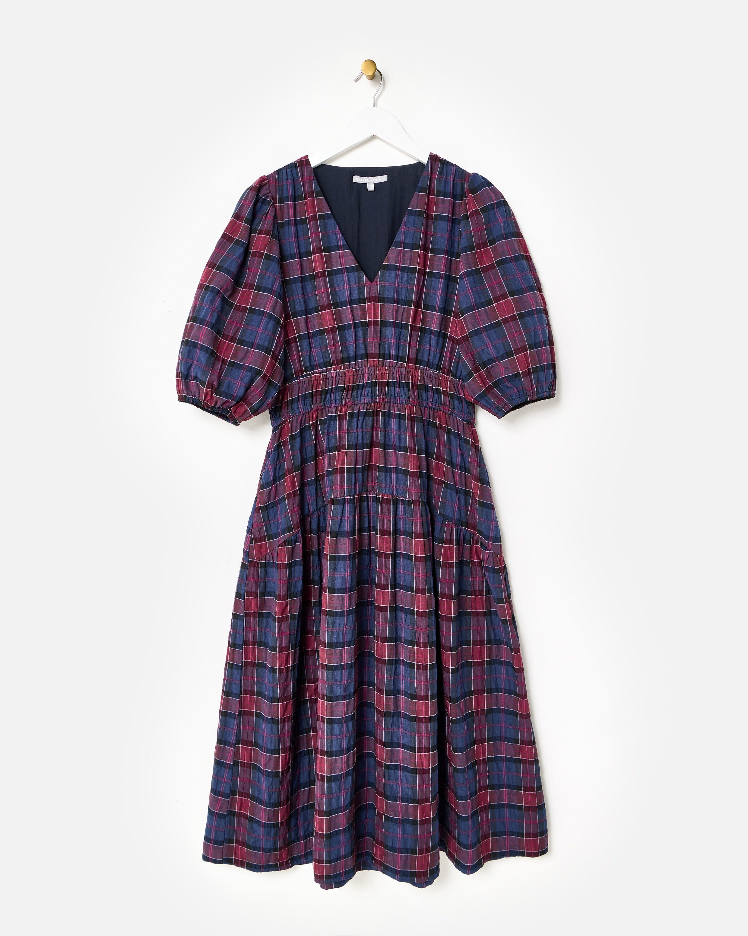 Girls Navy Blue & Red Checked Cotton Dress with Front Button Detail