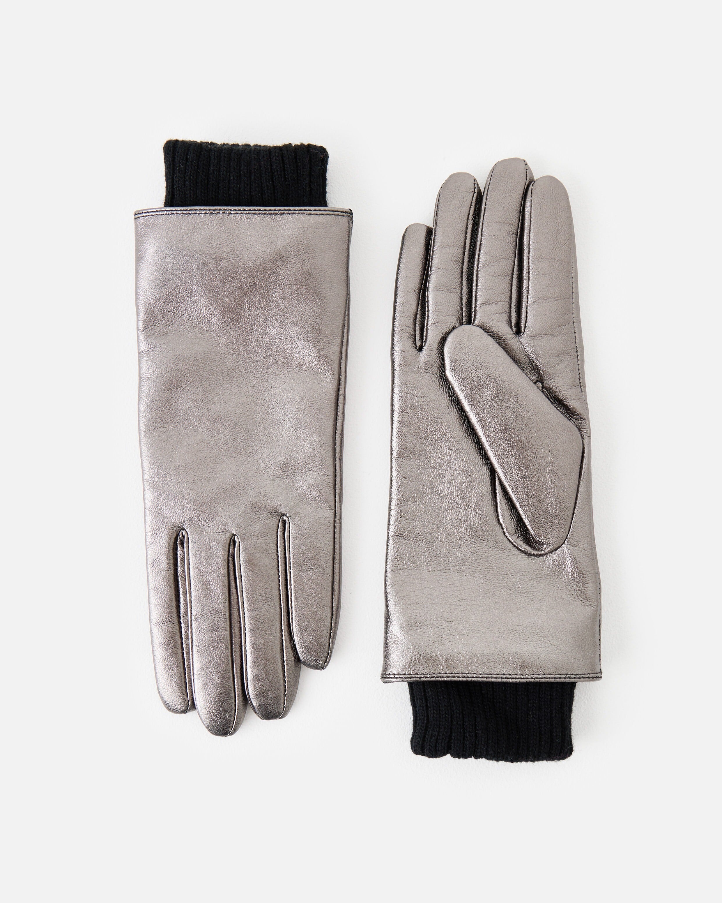 Metallic Pewter Ribbed Cuff Leather Gloves | Oliver Bonas