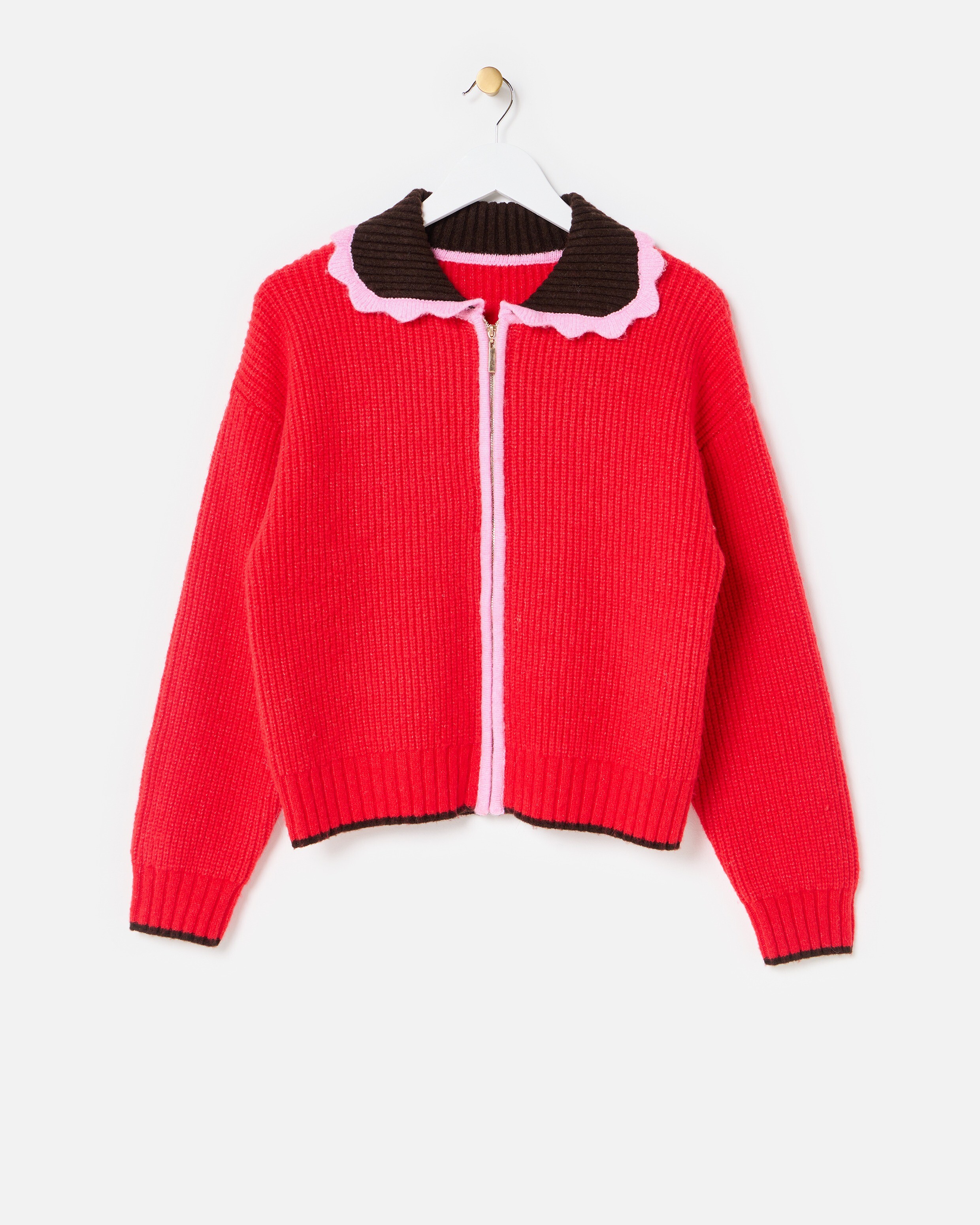 Red Scalloped Collar Zip Up Knitted Bomber Jacket | Oliver Bonas