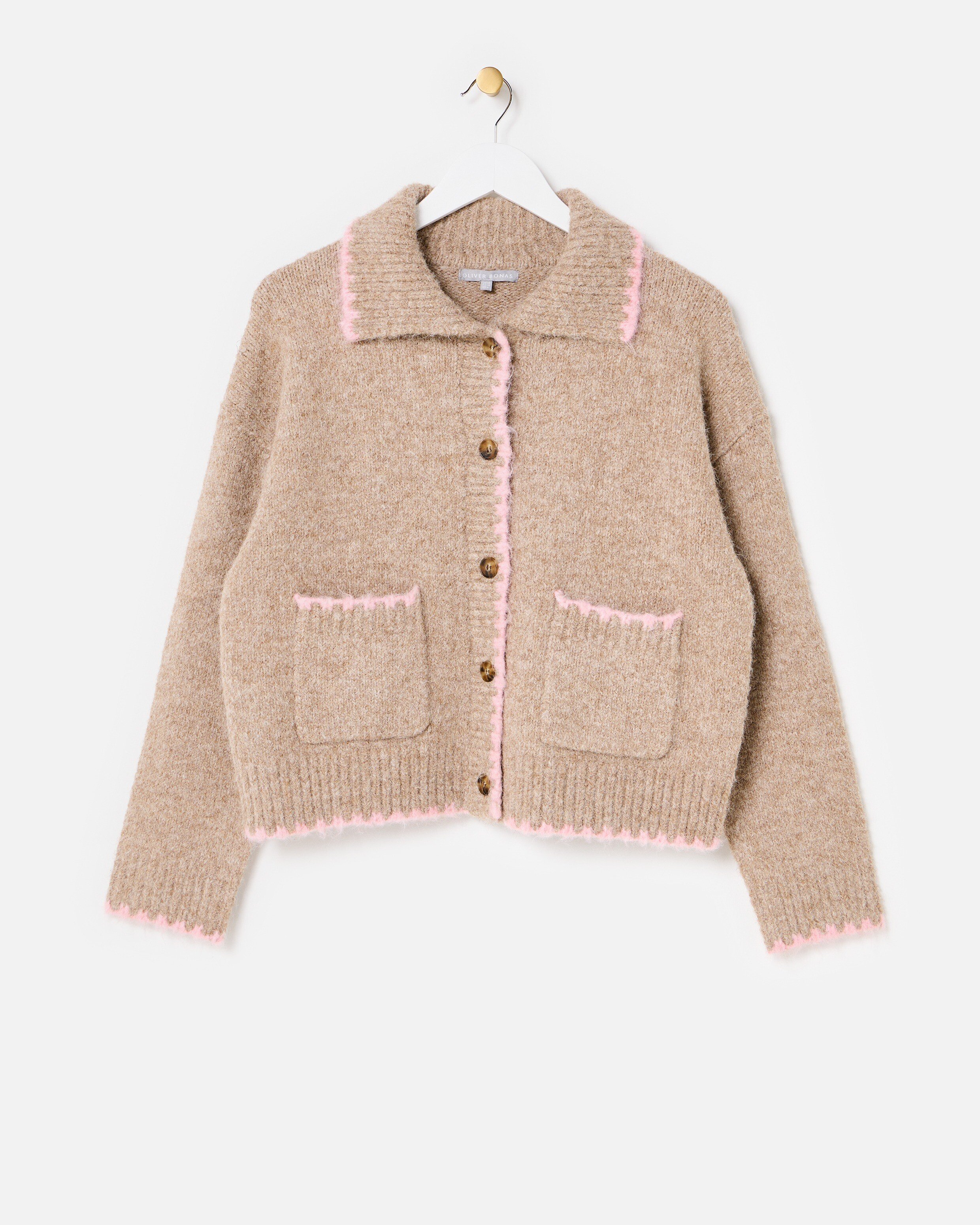 Camel Brown & Pink Blanket Stitch Collared Button Up Knitted