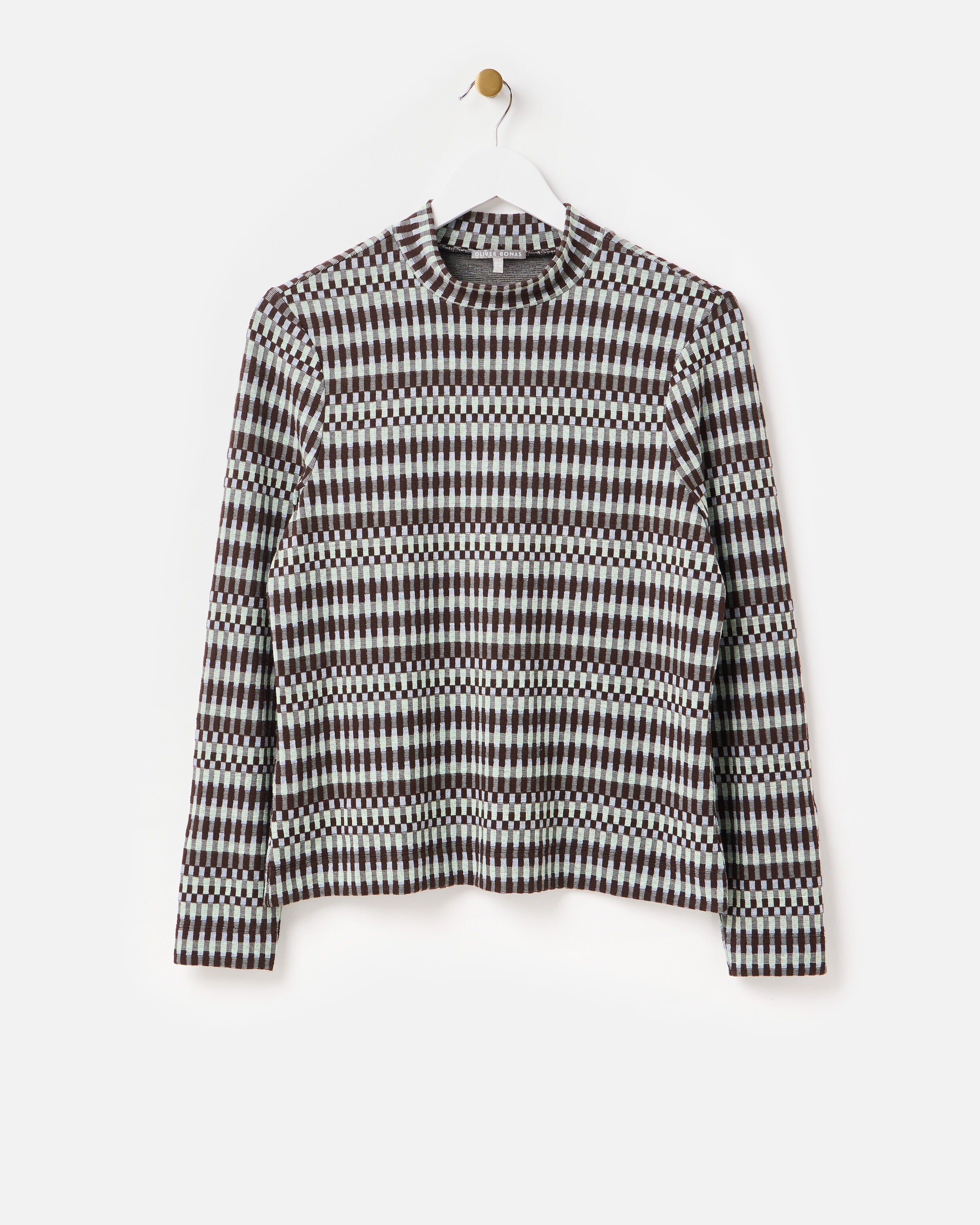 Chocolate Brown Checked Fitted Long Sleeve Top | Oliver Bonas
