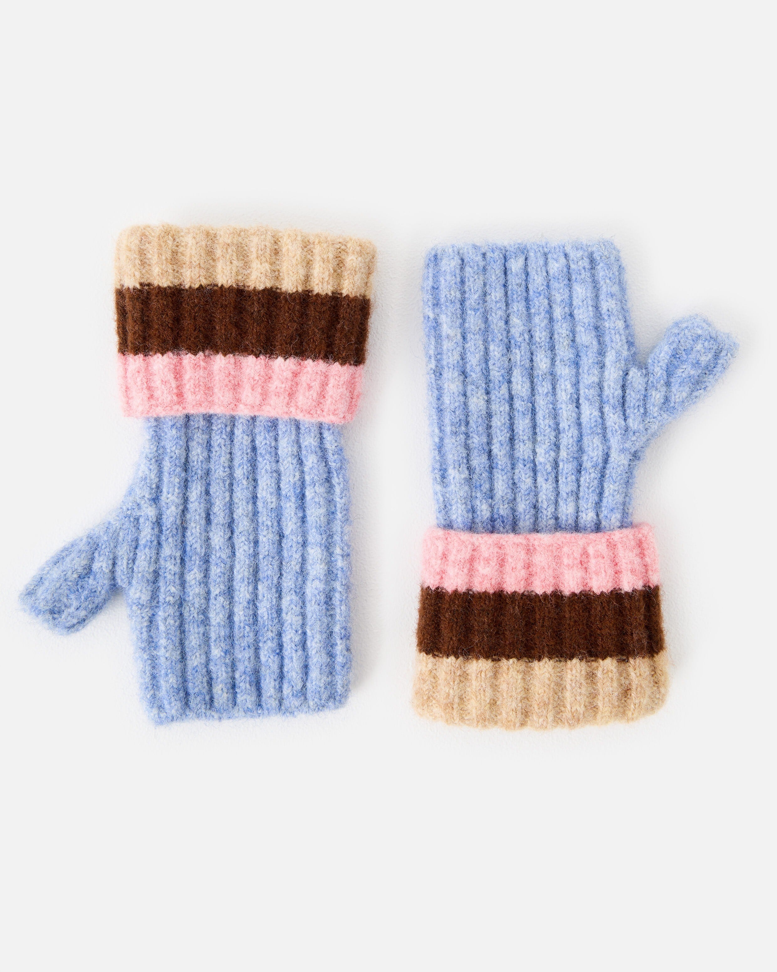 Blue & Brown Striped Knitted Fingerless Gloves | Oliver Bonas