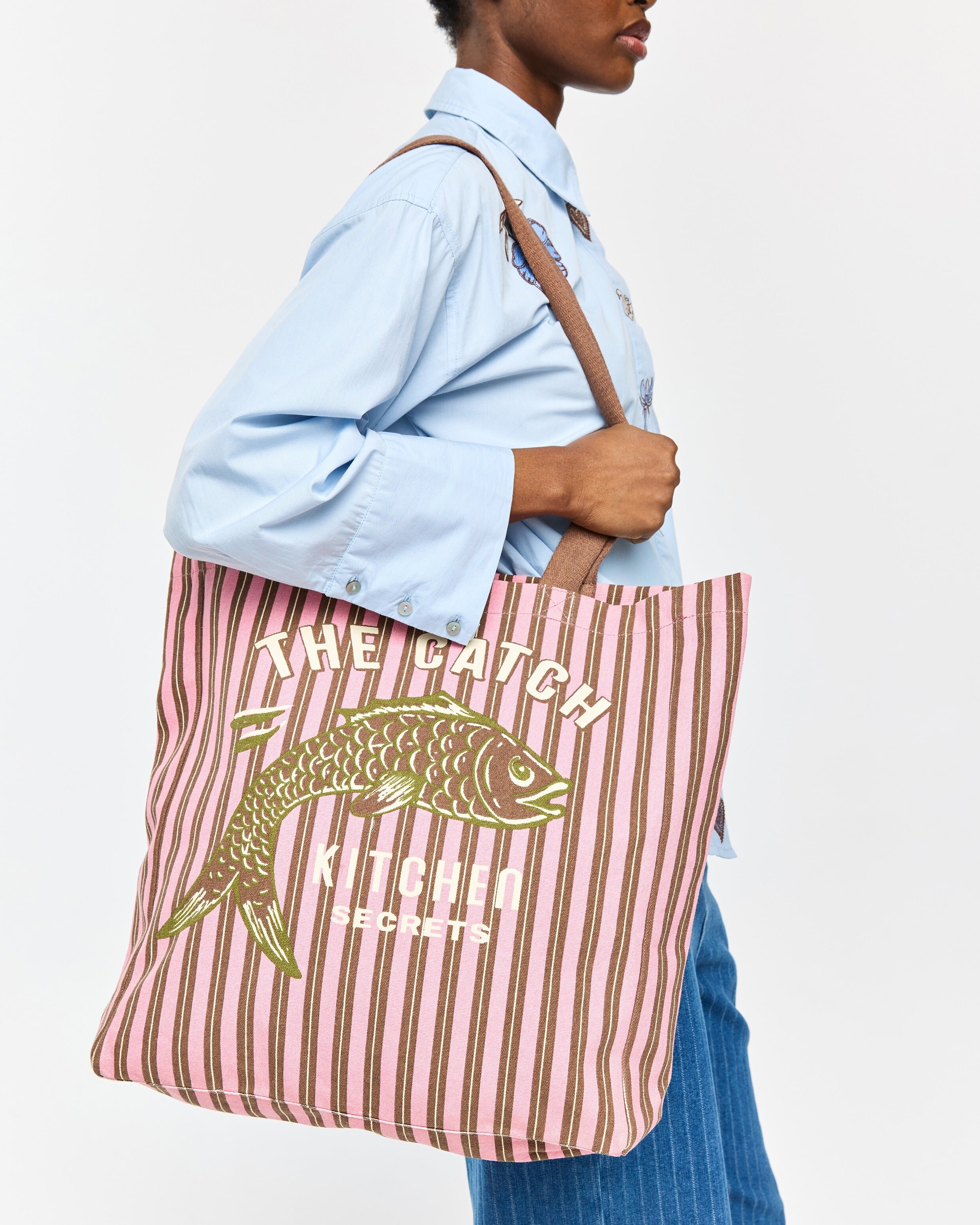 Pink & Brown Striped Fish Fabric Tote Shopper Bag | Oliver Bonas