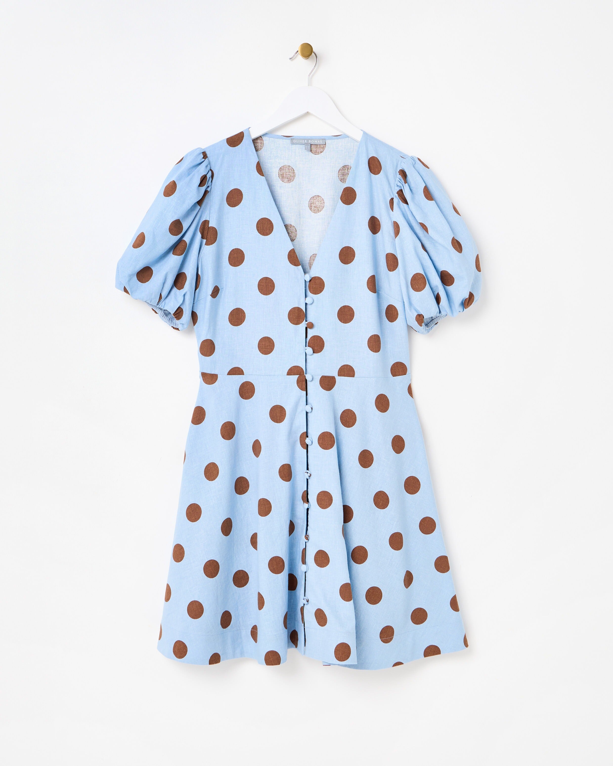 Light Blue & Brown Polka Dot Linen Blend Mini Dress | Oliver Bonas