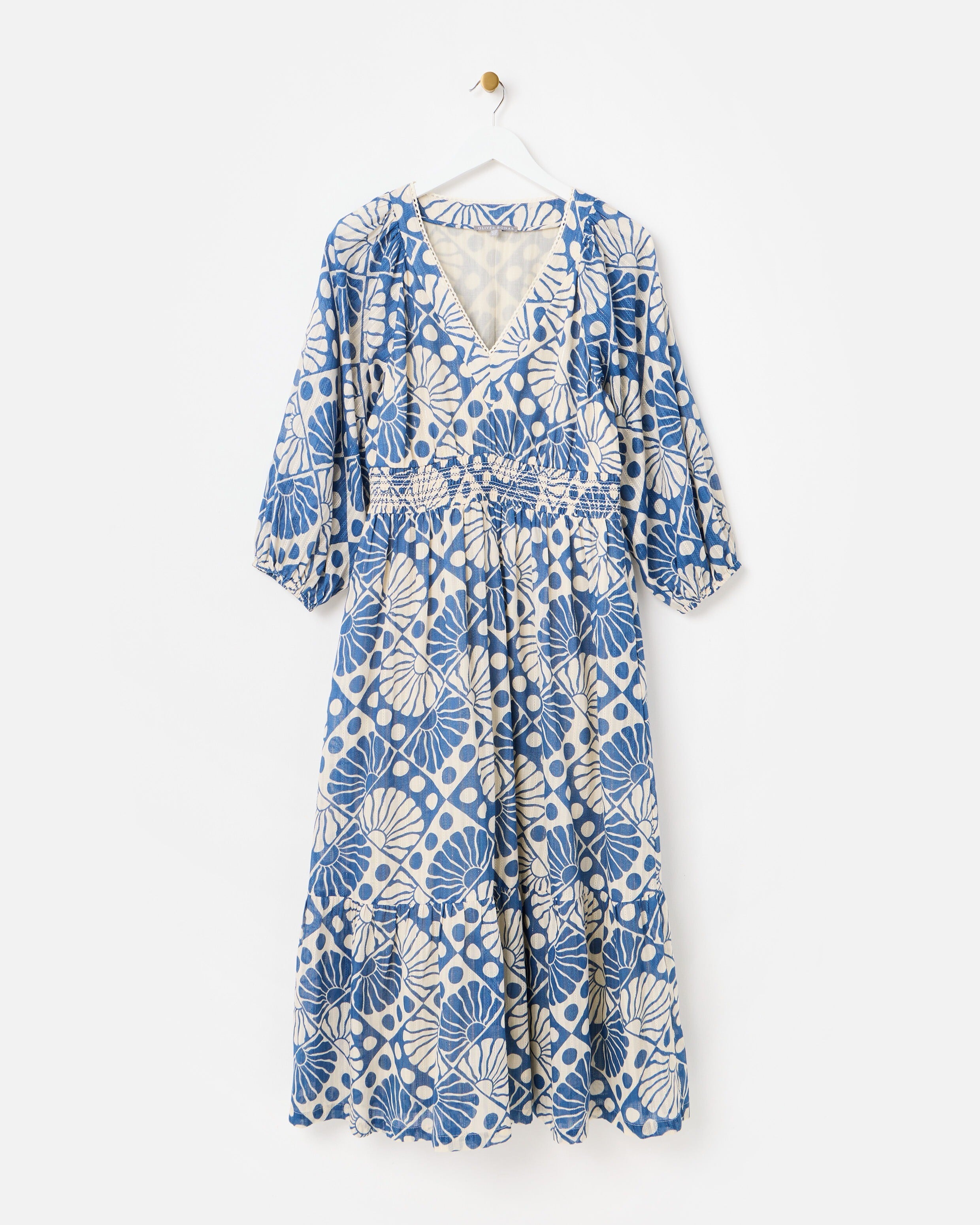 Blue & Cream Sun Print V-Neck Tiered Midi Dress | Oliver Bonas IE
