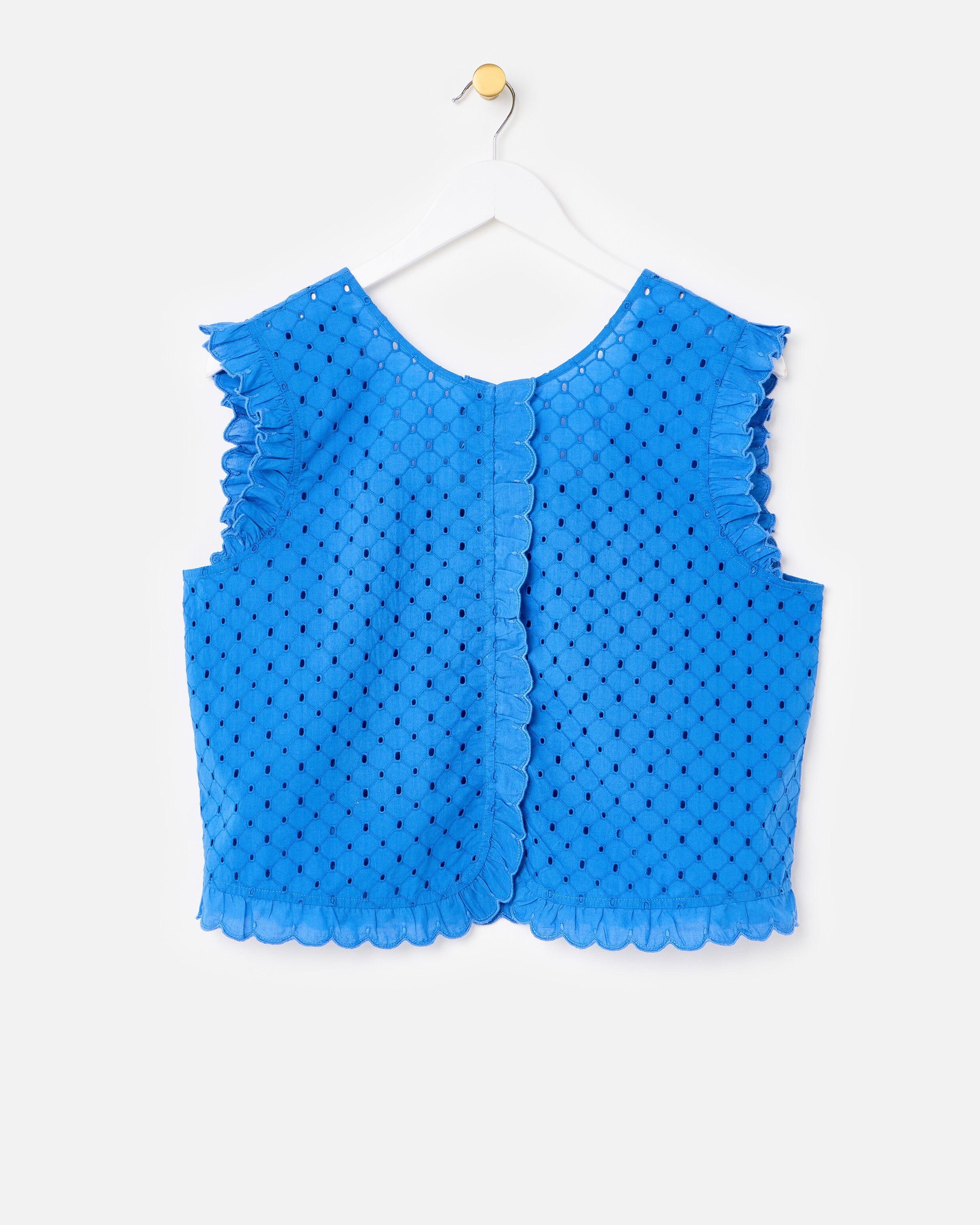 Cobalt Blue Broderie Frill Cotton Sleeveless Top | Oliver Bonas