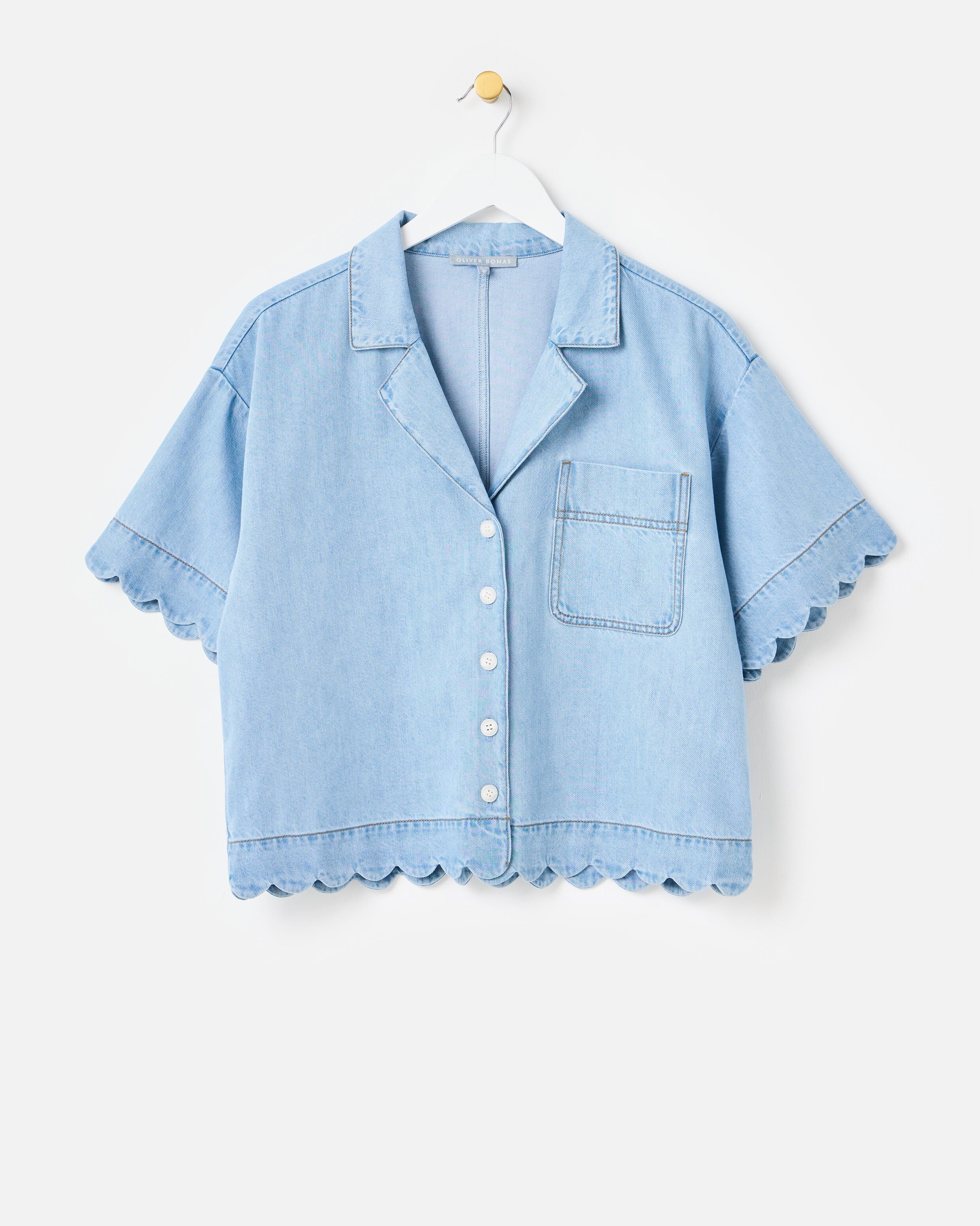 Light Blue Denim Scalloped Short Sleeve Shirt | Oliver Bonas IE