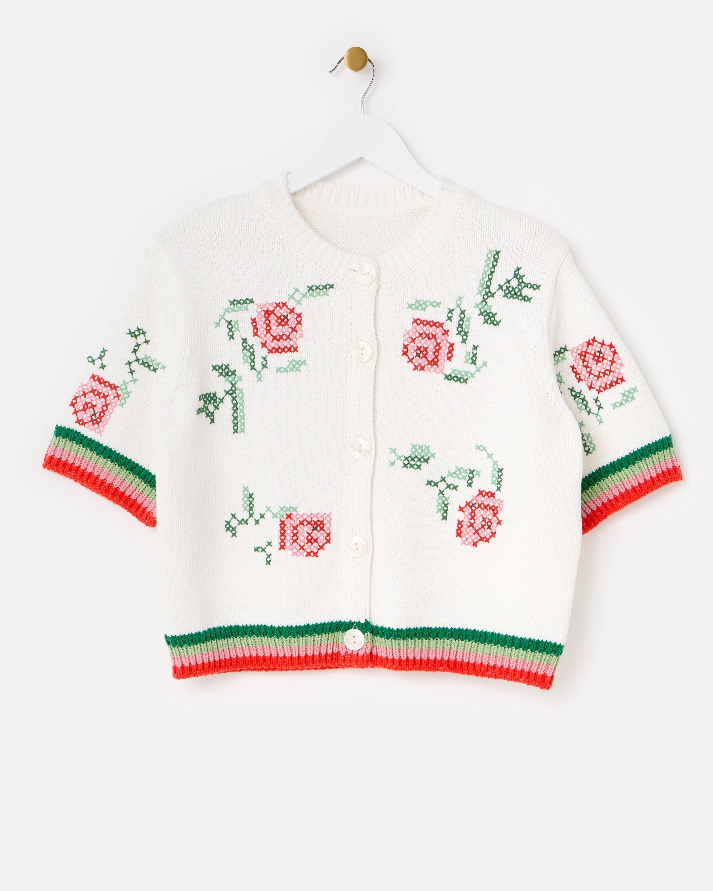 White Floral Cross Stitch Short Sleeve Cardigan | Oliver Bonas