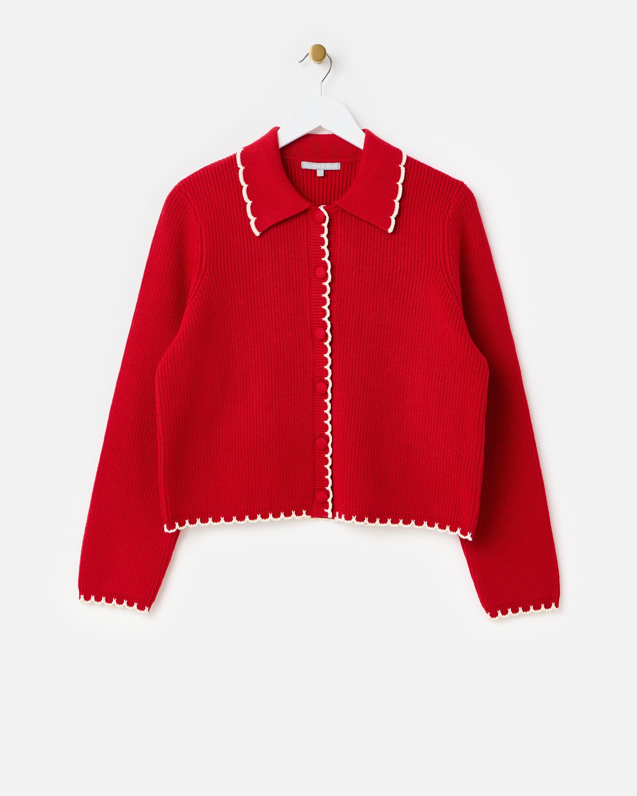 Red & White Blanket Stitch Collared Knitted Cardigan | Oliver Bonas