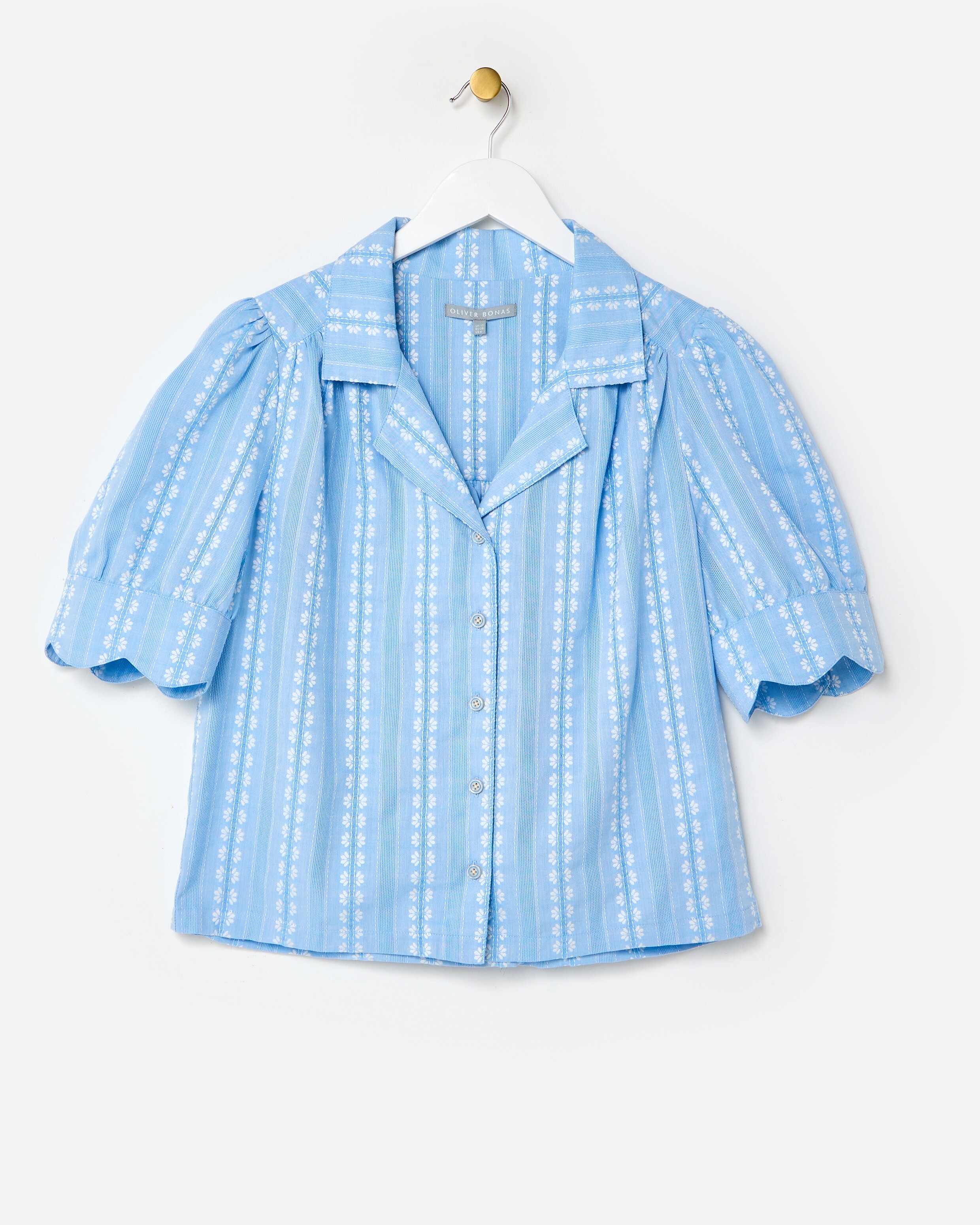 美品　OHGA PATTERN BLOUSE ブルー Blue Floral Blouse With High Ruffle Collar And Soft Volume