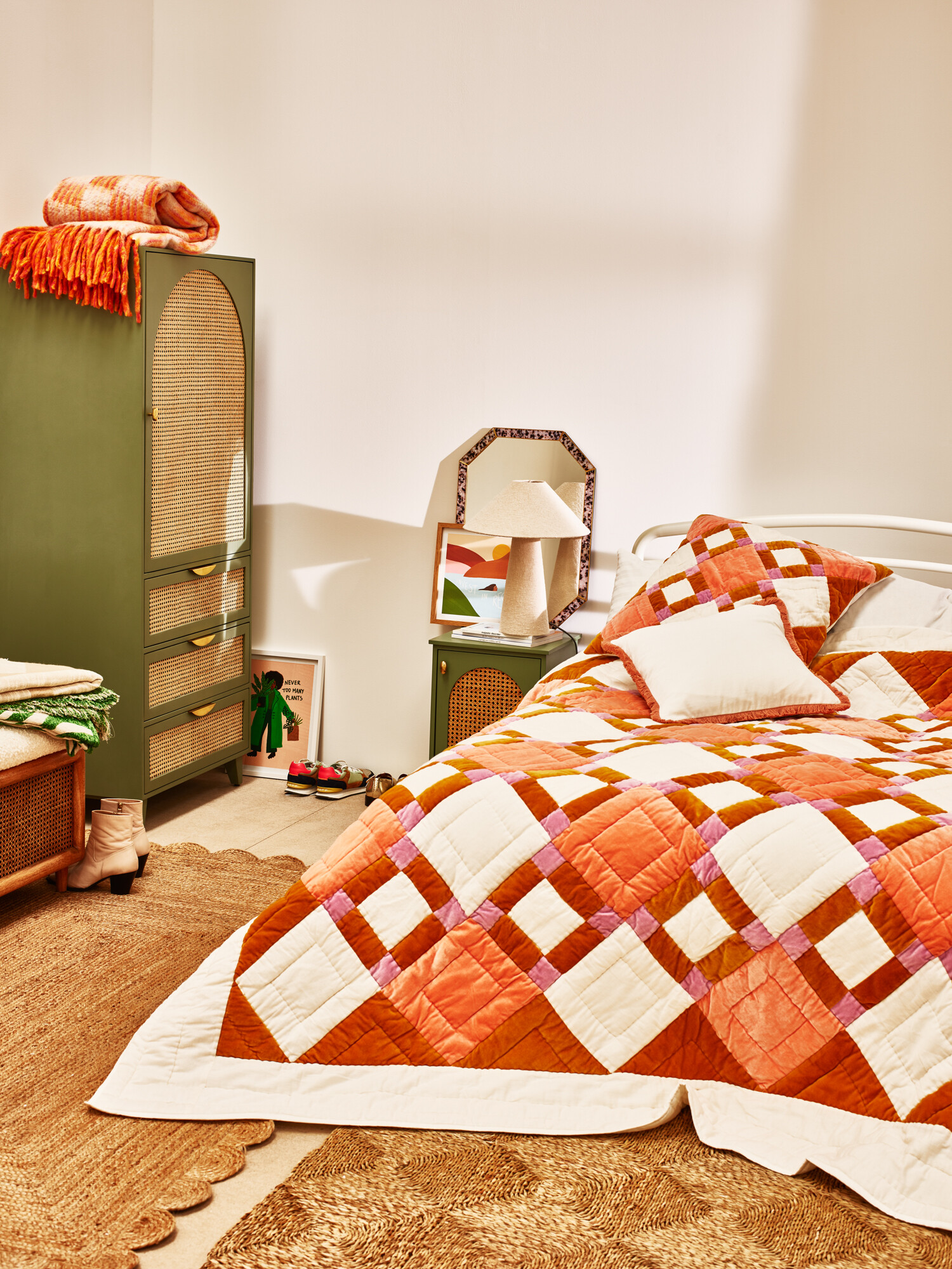 Elio Pink & Yellow Patchwork Velvet Bedspread Oliver Bonas