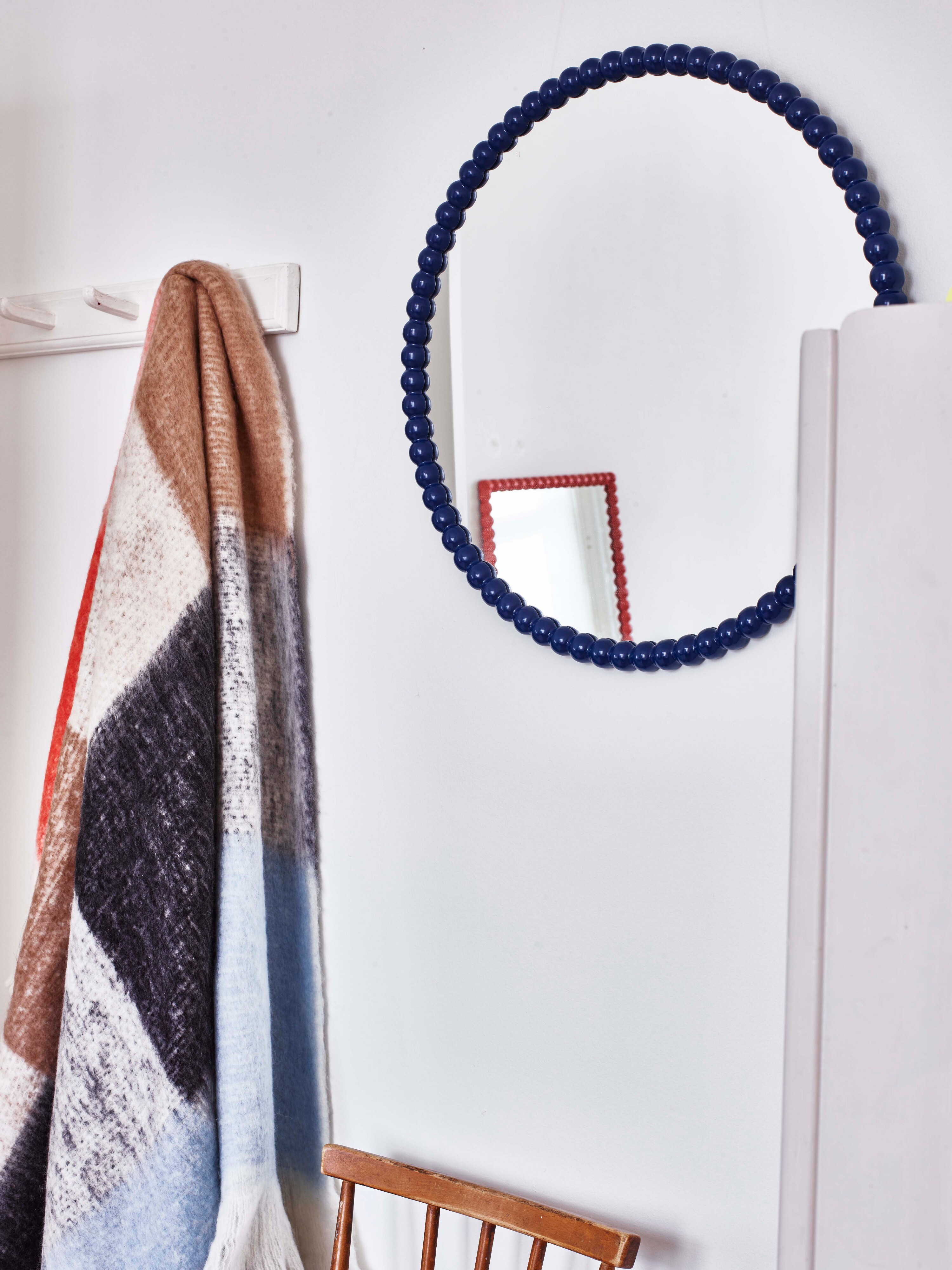 Bobbin Round Blue Wooden Mirror Oliver Bonas Bobbin Round Blue Wooden Mirror Oliver Bonas