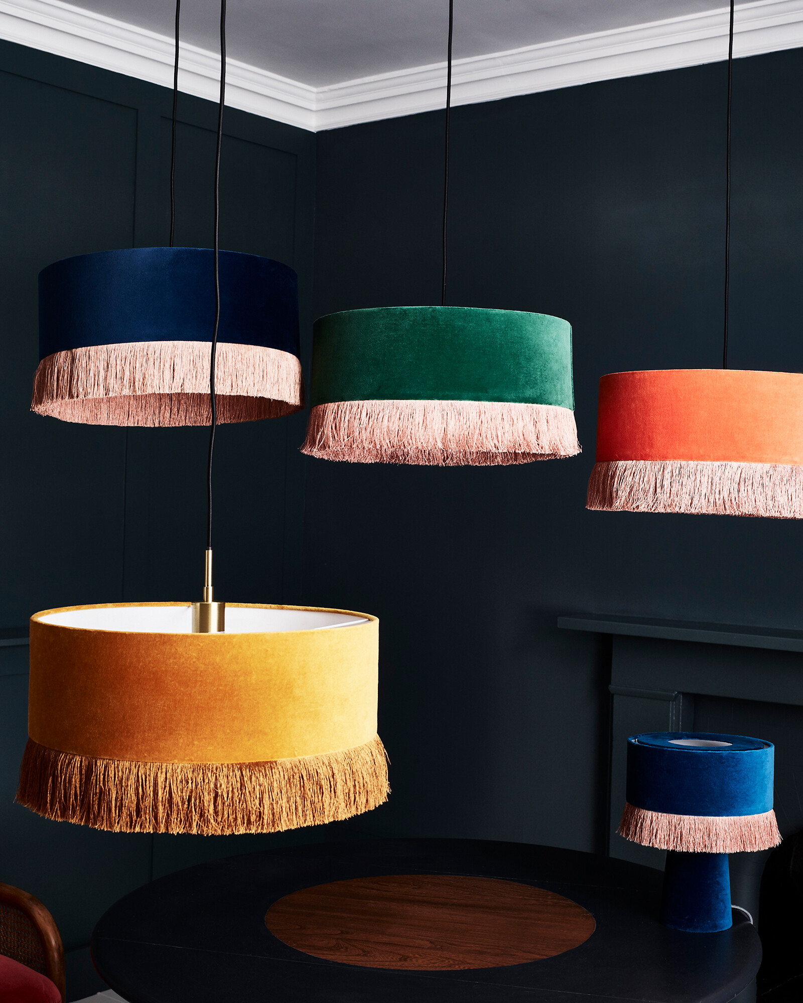 Ero Green Velvet & Tassel Drum Pendant Lamp Shade | Oliver Bonas