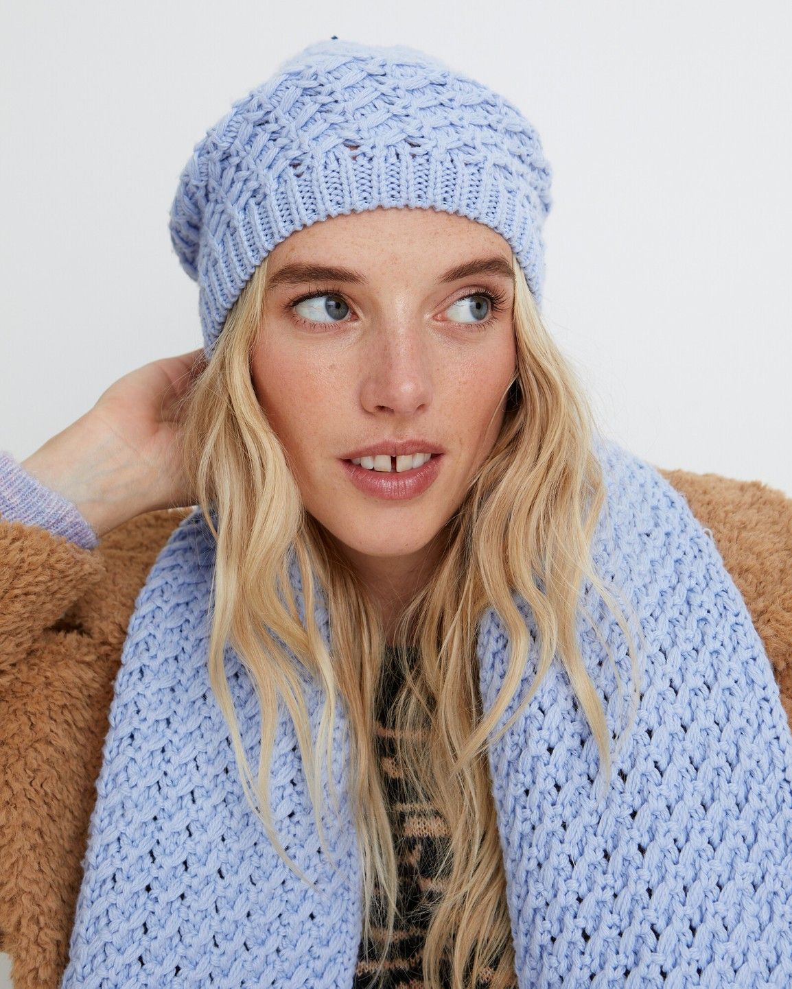 Crochet Stitch Blue Knitted Beret Hat Oliver Bonas