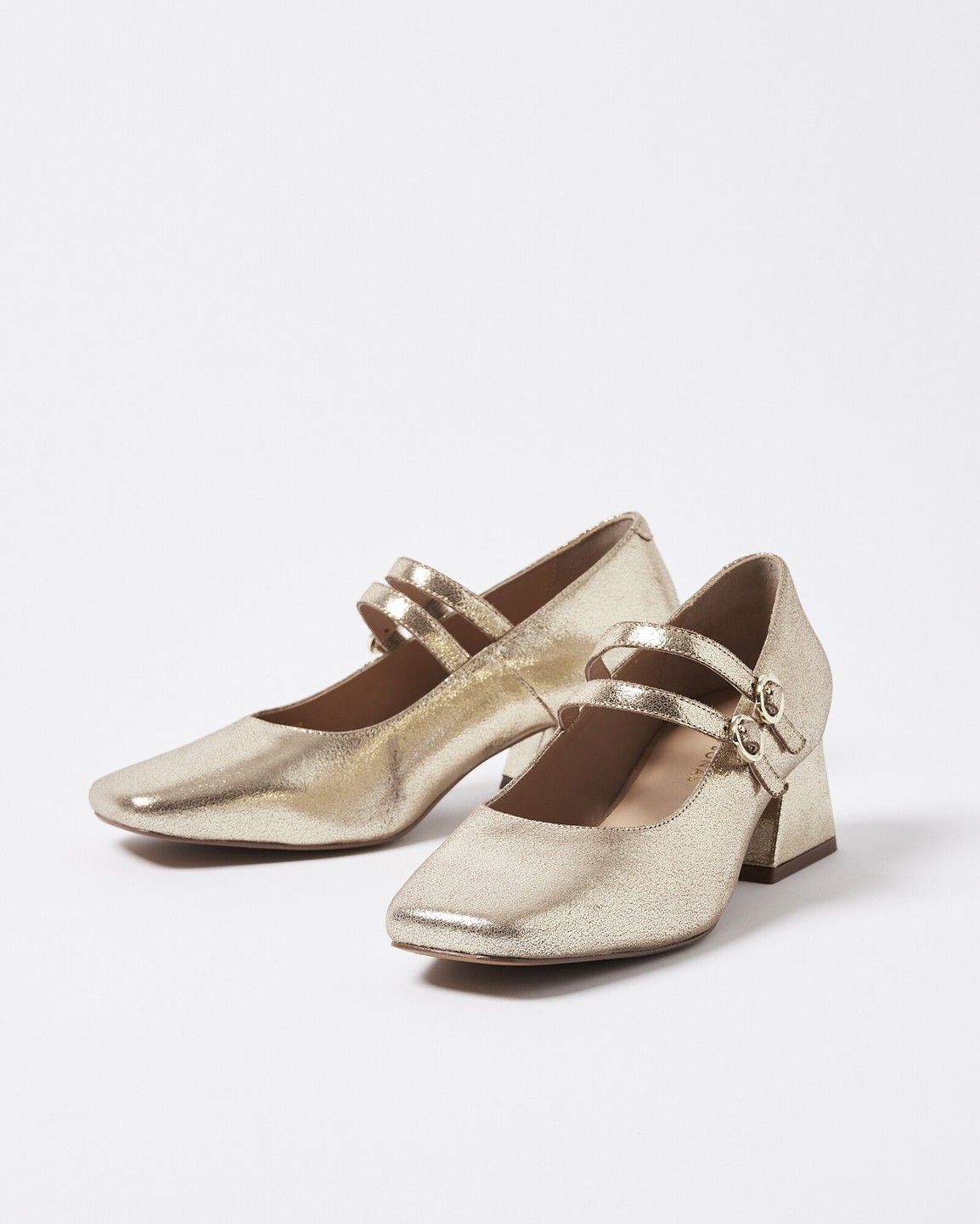 Mary Jane Gold Metallic Leather Flared Heeled Shoes Oliver Bonas