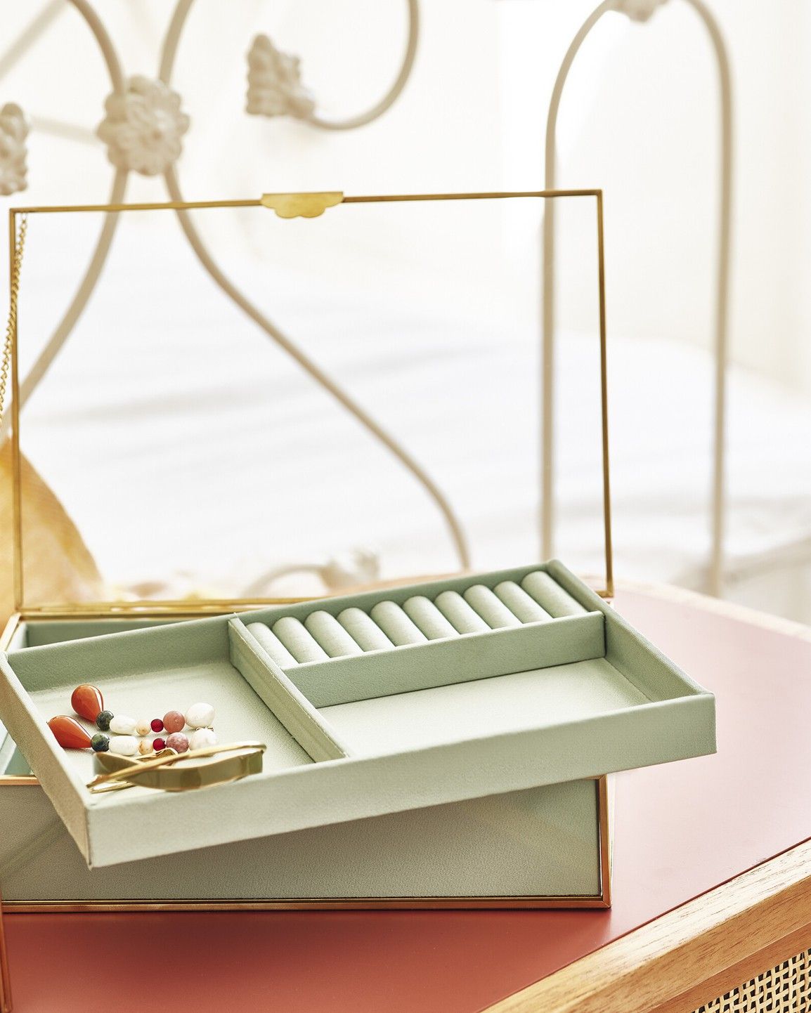 Oliver Bonas Gold & Glass Green Satin Jewellery Box