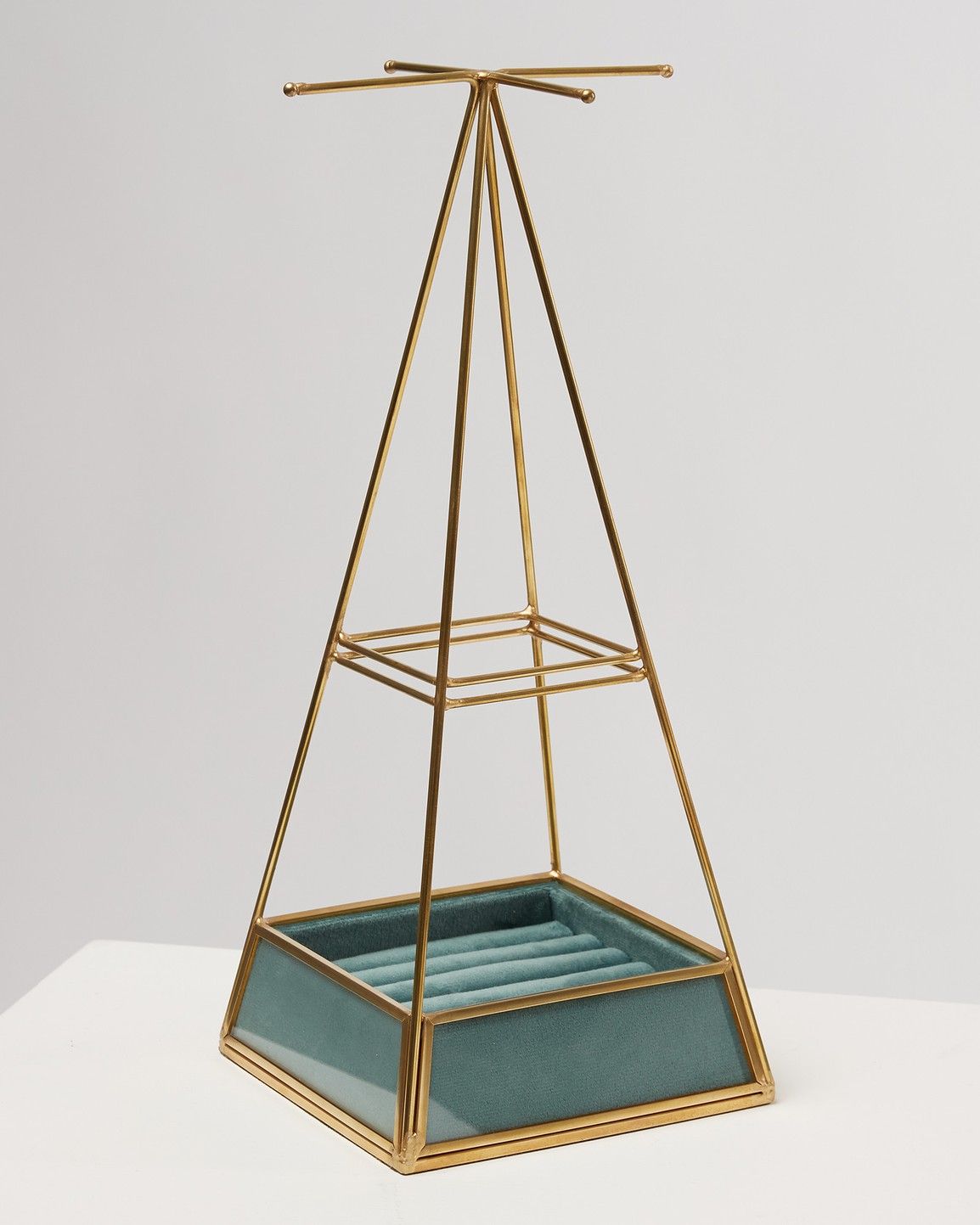 Oliver Bonas Gold & Glass Pyramid Blue Velvet Jewellery Holder