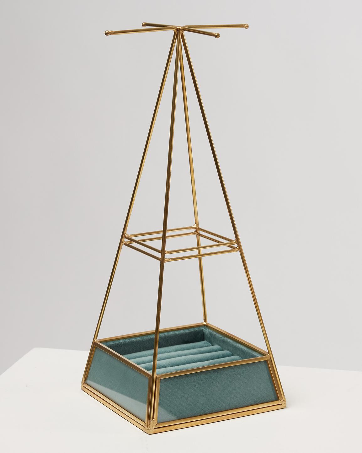Oliver Bonas Gold & Glass Pyramid Blue Velvet Jewellery Holder Wishupon