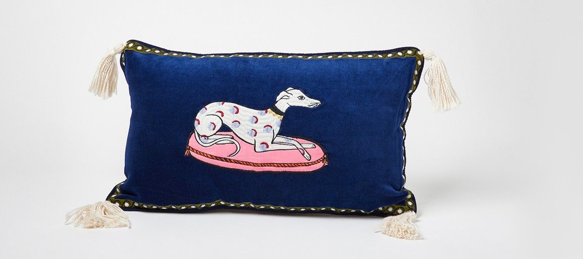 oliverbonas.com | Wallace the Whippet Blue Cotton Cushion Cover