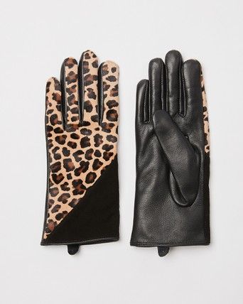 Oliver Bonas Women Half & Half Animal Print Black Leather Gloves 
