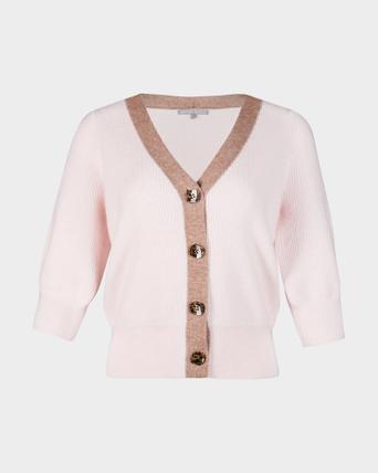 pink cardigan with black trim