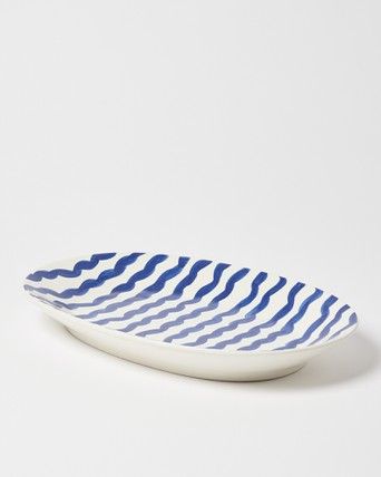 Azur Blue Wiggle Stripe Ceramic Platter, Outdoor Serving Bowls And Platters