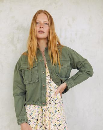 Washed Khaki Green Cotton Cropped 