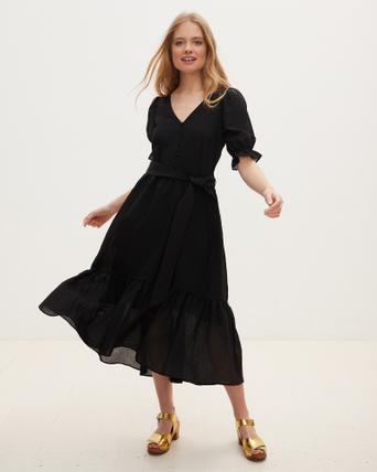 Textured Wrap Black Midi Dress | Oliver 