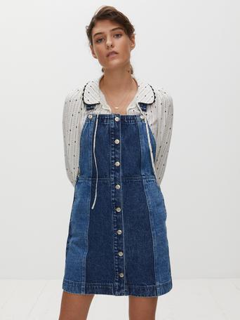Denim Blocked Blue Dungaree Mini Dress 