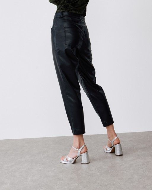 Black Faux Leather Tapered Leg Trousers