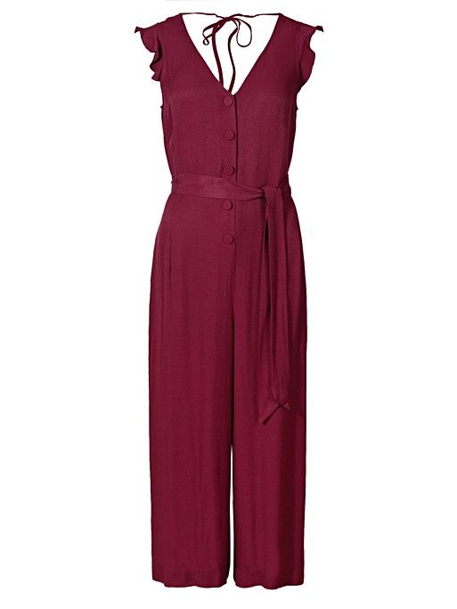 Frill Sleeve Berry Tie Front Jumpsuit | Oliver Bonas