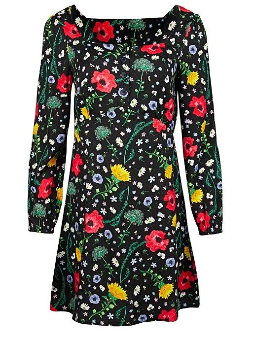Bright Black Floral Print Mini Dress | Oliver Bonas