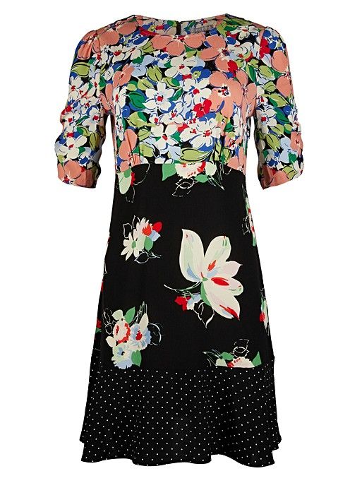 Patched Floral Print & Polka Dot Black Mini Dress | Oliver Bonas US