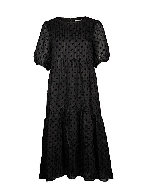 Textured Polka Dot Black Tiered Midi Dress | Oliver Bonas