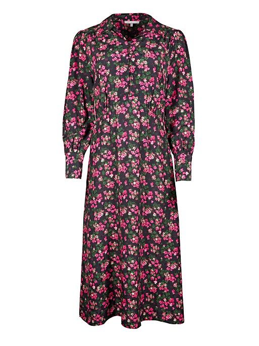Ditsy Floral Print Pink & Black Midi Shirt Dress | Oliver Bonas