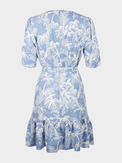 Palm Tree Print Frill Hem Blue Wrap Mini Dress | Oliver Bonas