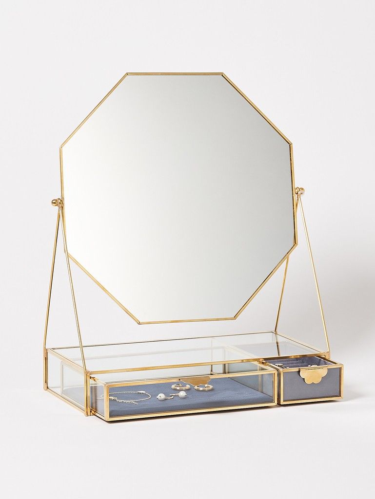 Oliver Bonas Gold & Glass Scallop Pull Blue Velvet Octagonal Dressing Table Mirror
