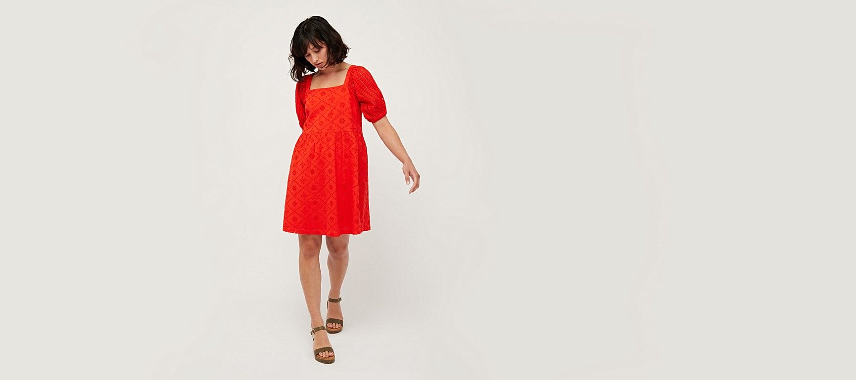 Broderie Sleeve Red Mini Dress | Oliver Bonas