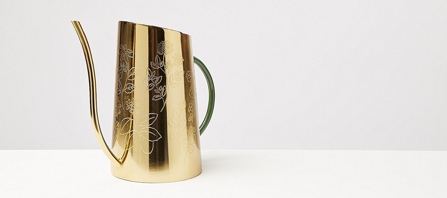 Green & Gold Metal Floral Etched Watering Can Large Oliver Bonas US