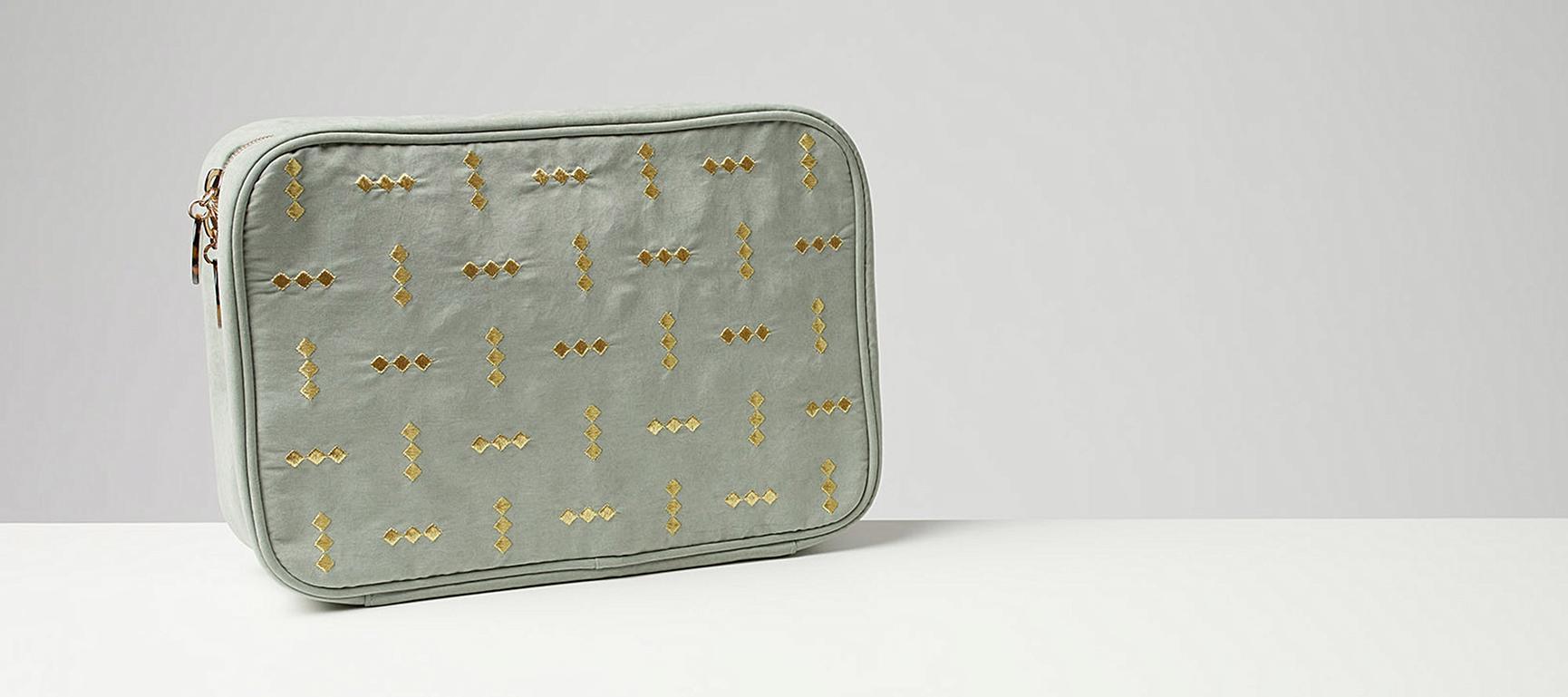 Embroidered Diamond Sage Green FoldOut Makeup Bag Extra Large Oliver