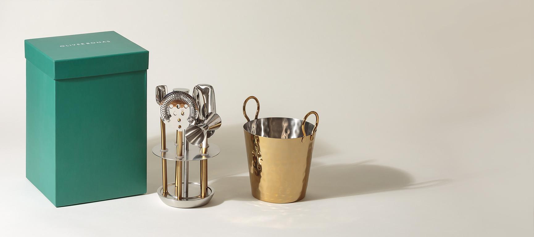 Gold Stainless Steel Ice Bucket & Bar Tools Set of Five Oliver Bonas