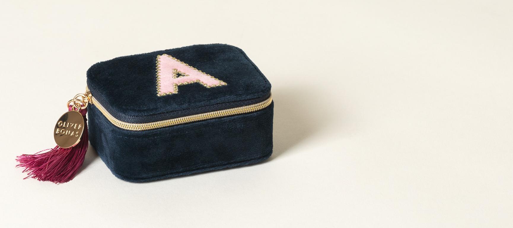 Alphabet Initial Navy Velvet Travel Jewellery Box Oliver Bonas