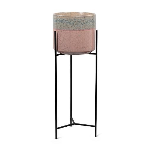 Abuo Pink Ceramic Plant Pot & Stand Tall Oliver Bonas