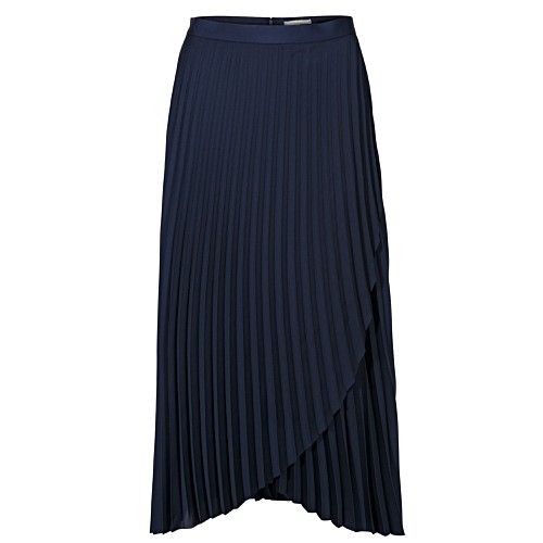 Satin Navy Pleated Wrap Midi Skirt | Oliver Bonas